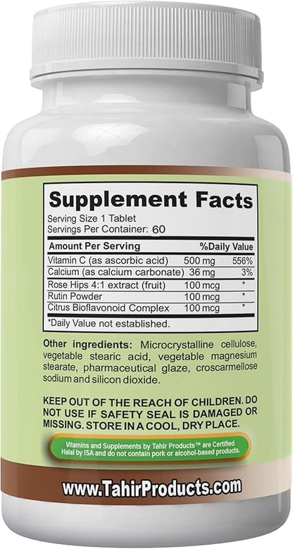 Tahir Halal Vitamin C 500mg Tablets with Rose HIPS – Immune Support and antioxidant Blend with Citrus bioflavonoids. Vegan, Gluten-Free, Non-GMO. 60 Tablets. Made in USA – Certified Halal.