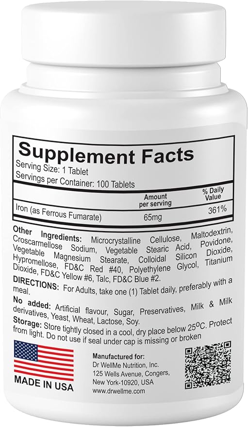 Irowell, The Power of Iron! Made with Ferrous Fumarate, Anion Ferrous Salt, 65mg, 100 Tablets, 100 Day Supply