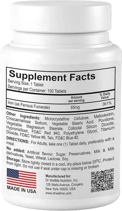 Irowell, The Power of Iron! Made with Ferrous Fumarate, Anion Ferrous Salt, 65mg, 100 Tablets, 100 Day Supply