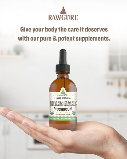 RawGuru Lion's Mane Mushroom Tincture - Vegan Lion's Mane Extract with Trace Minerals - Nano-Processed Immunity Boost & Cognitive Supplement - 120 Servings of Vegan Drops per 60 ml, Pack of 1