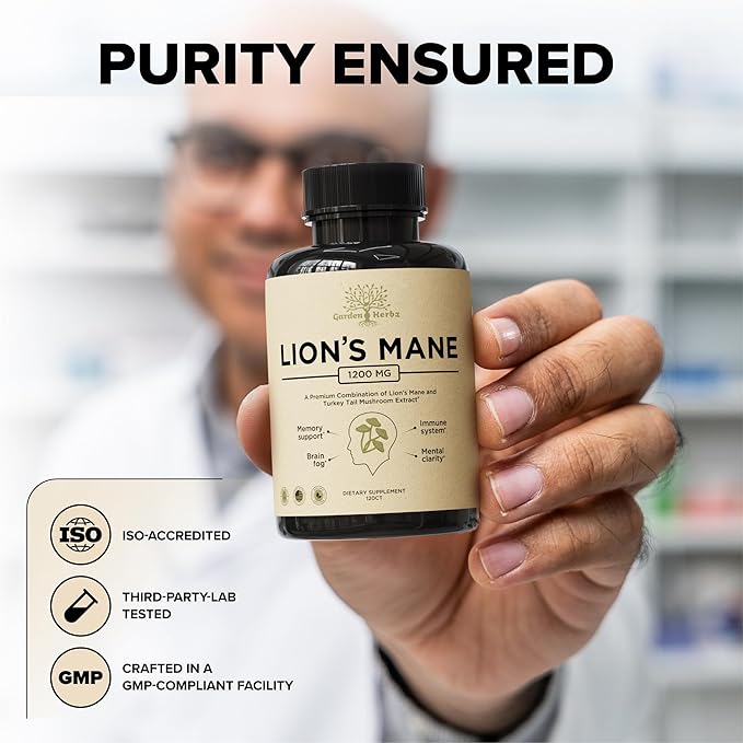 Lions Mane Supplement Capsules with Turkey Tail – Nootropic Brain Fog, Focus, Memory, Nerve Function, & Immune Support Supplement – Non-GMO 1200 Mg Lions Mane Mushroom Supplement, 120 Caps.