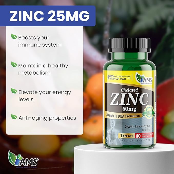 America Medic & Science Chelated Zinc 50 mg Supplements (3 Pack of 60 Tablets) Immune Booster and Powerful Antioxidant Pills for Adults Men and Women | Highly Absorbable Mineral, Improves Mood & Sleep