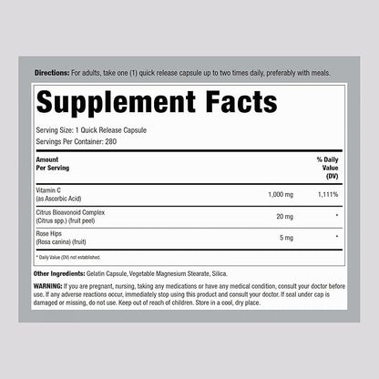 Lindberg Vitamin C 1000mg | with Bioflavonoids and Rose HIPS | 280 Capsules | Non-GMO, Gluten Free Supplement