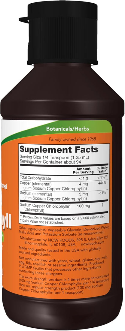 NOW Foods Supplements, Extra Strength Liquid Chlorophyll, Unflavored, Internal Deodorizer*, Promotes Cleansing*, Freshens Breath*, 4X Concentration, 4 FL. OZ. (118 mL)