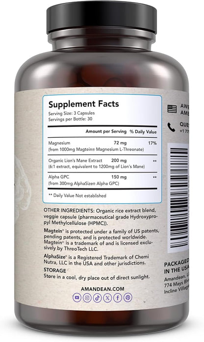 AMANDEAN Brain Health Supplement. Magnesium L-Threonate (Magtein), Lion's Mane Mushroom Extract, Alpha GPC Choline Complex. Nootropic Cognitive Support for Memory, Focus, Clarity. 90 Veggie Capsules.