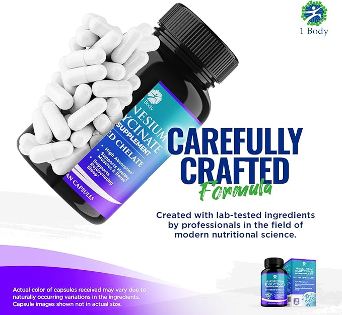 1 Body Magnesium Bisglycinate Supplement, 44 mg Pure Chelated Formula, 120 Capsules, Maximum Absorption, Muscle Cramp Relief