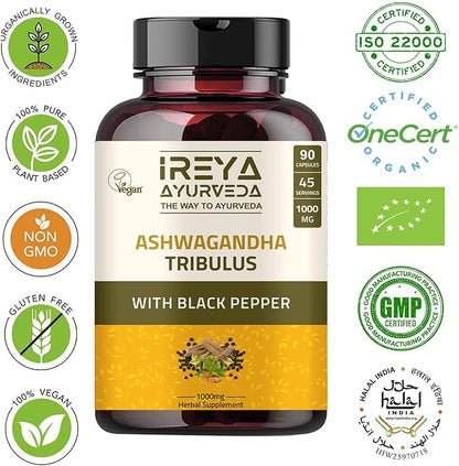 Ashwagandha Capsules Organic 1000mg (90 Capsules) Made with Tribulus Terrestris, Shatavari and Black Pepper Organic Ingredients | 45 Days Supply