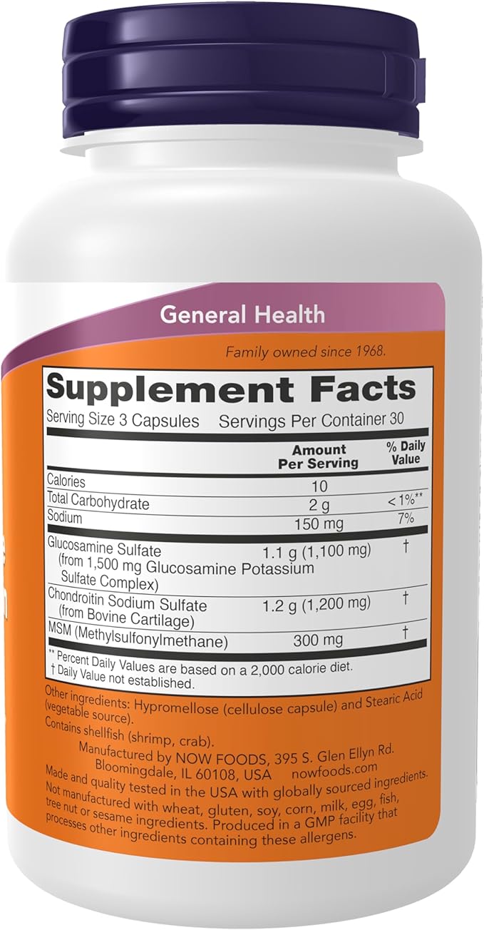 NOW Foods Supplements, Glucosamine & Chondroitin with MSM, Joint Health, Mobility and Comfort*, 90 Veg Capsules