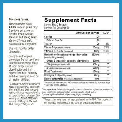 UNIQUE E A.C. Grace Company Mixed Tocopherols Concentrate 30 Softgels and Omega E+ Fish Oil Supplement 60 Softgels