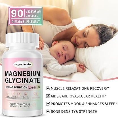 Magnesium Glycinate 400 MG per Serving 100% Chelated for High Absorption, Gentle On Stomach, Non-GMO, 90 Vegetarian Capsules