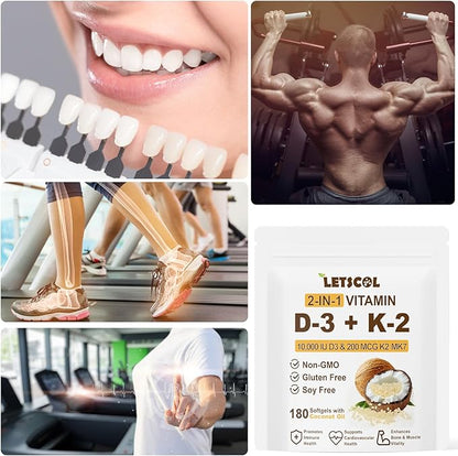 2-in-1 Vitamin D3 K2 Supplement Softgel, Vitamin D3 10000 IU and Vitamin K2 200 mcg, K2 MK7 with D3 Vitamin Supplement Support Immune, Heart, Joint, Teeth & Bone Health