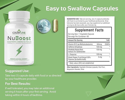 Energy & Focus Supplement - Caffeine L-Theanine, Vitamin B12, Rhodiola + BioPerine for Absorption, No Crash, Jitter Free 100mg Caffeine Pills, Clean Nootropic Brain Booster