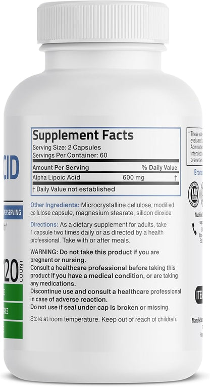Bronson Alpha Lipoic Acid 600 MG Free Radical Scavenger Supports Antioxidant Health - Non-GMO, 120 Vegetarian Capsules (60 Servings)