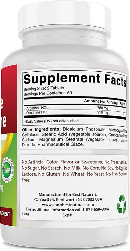 Best Naturals L-Arginine L-Ornithine - 1000mg per Serving - 120 Tablets - Non-GMO & Gluten Free (120 Count (Pack of 1))