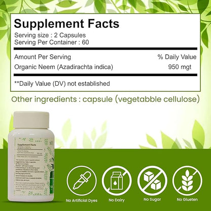 Modern Ayurvedic Center Organic Neem 120 Capsules Supports Acne Control, Antioxidant Protection, Healthy & Glowing Skin Pure Neem (Azadirachta Indica) Supplement for Natural Wellness