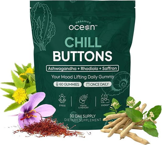 Chill Buttons - Organic Ashwagandha Reduces Tension, Enhances Memory and Vision, and Brightens Mood - Contains Ashwagandha KSM-66, Rhodiola Rosea, and Organic Saffron