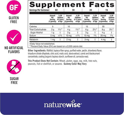 NatureWise Kids Melatonin 1 mg Sugar-Free Gummies for Children Ages 4 & Up - Non-Habit Forming Sleep Aid - Strawberry Flavored - Vegan, No Gluten, Non-GMO - 60 Count[2-Month Supply]
