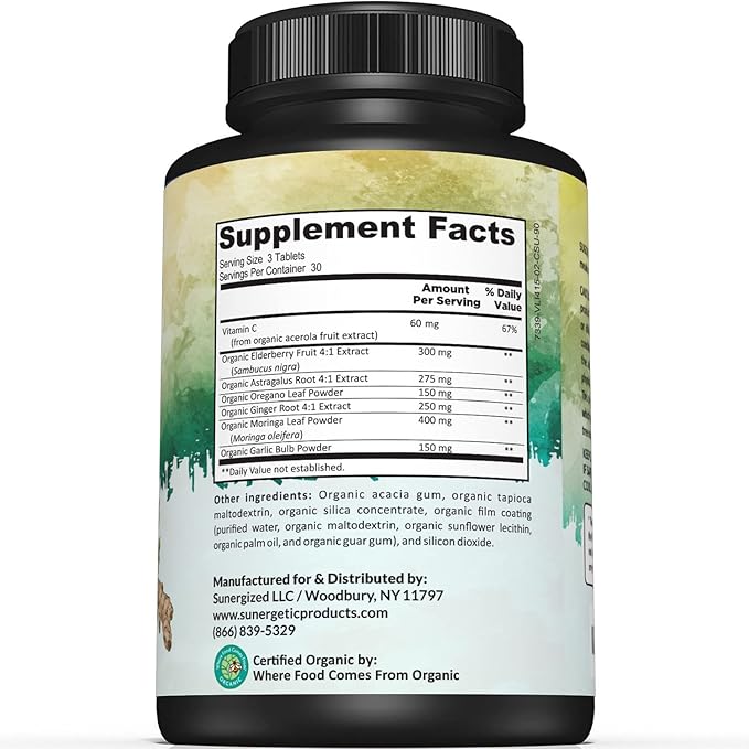 USDA Organic Immune Support Supplement – Organic Immune Health Supplement with Vitamin C, Elderberry, Astragalus, Oregano, Ginger, Moringa & Garlic – Organic Immune System Support - 90 Immune Tablets