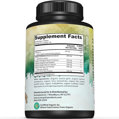 USDA Organic Immune Support Supplement – Organic Immune Health Supplement with Vitamin C, Elderberry, Astragalus, Oregano, Ginger, Moringa & Garlic – Organic Immune System Support - 90 Immune Tablets