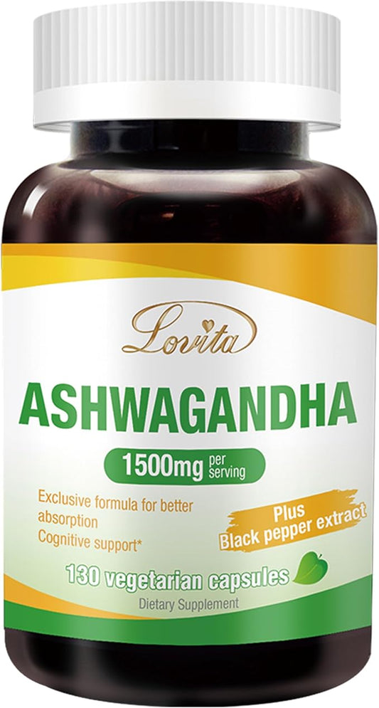 Lovita KSM-66 Ashwagandha | Highly Concentrated | 5% Withanolide | 95% Black Pepper Piperine | Stress Relief & Energy Support | Vegan, Gluten Free | 130 Capsules