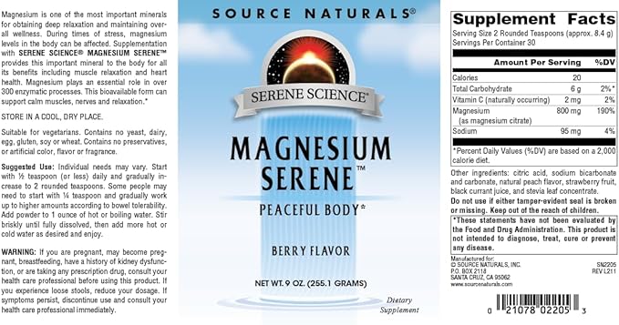 Source Naturals Serene Science Magnesium Serene Berry Flavored, Peaceful Body, 9 Ounces