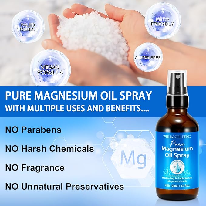 Magnesium Spray, Pure Magnesium Oil Spray Organic Natural in Glass Bottle, Easy to Absorb and Use 120ml