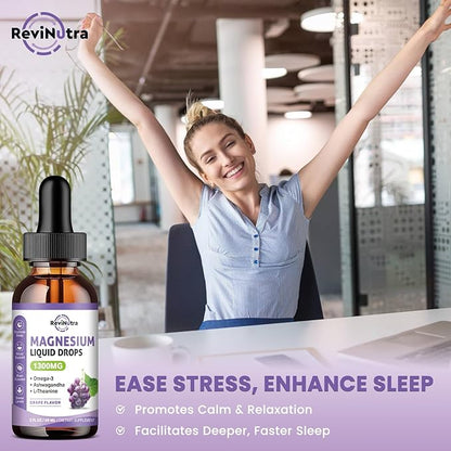 Triple Magnesium Complex Liquid Drops - 1300mg Magnesium Glycinate, Taurate & Citrate with Omega3, L-Theanine, Ashwagandha, Potassium - Support Sleep, Nerve, Immune, Energy - Grape Flavor, 2 Fl OZ