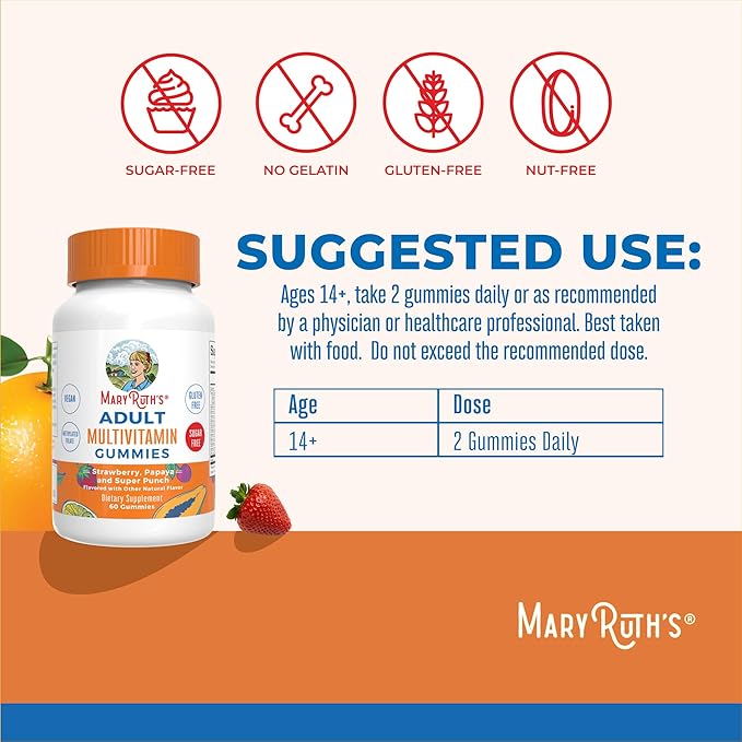MaryRuth Organics Multivitamin for Women and Men | Sugar Free | Adult Multimineral Gummy with Vitamin C | D and E | B Vitamins | Biotin | Zinc | Vegan | Non-GMO | Gluten Free | 60 Count