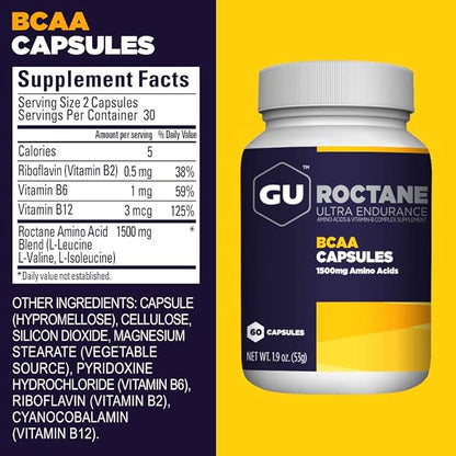 GU Energy Roctane Ultra Endurance Branch Chain Amino Acid and Vitamin B Exercise Recovery Capsules,Informed Choice, Energy for Before, During or After Any Workout, 60-Count Bottle