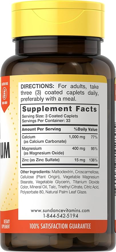 Sundance Calcium Magnesium Zinc | 100 Caplets | Essential Mineral Supplement | Vegetarian, Non-GMO, and Gluten Free Formula