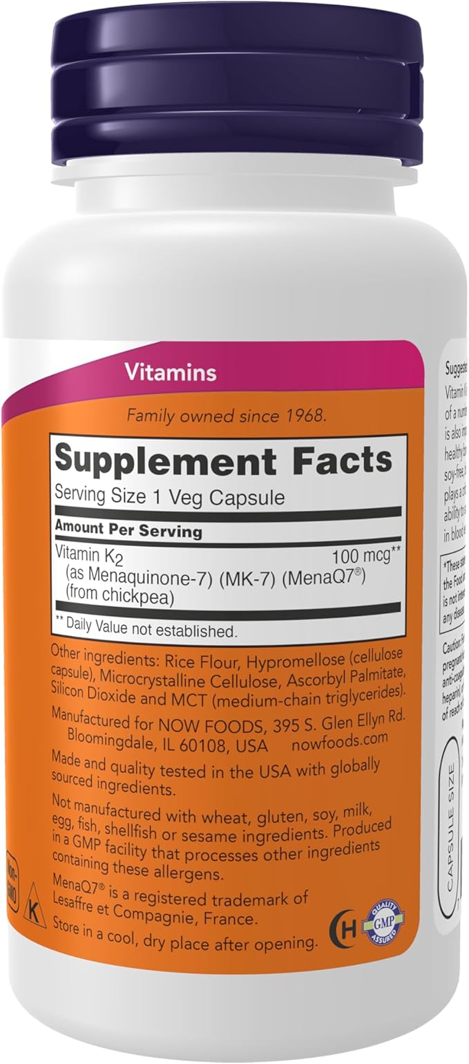 NOW Foods Supplements, MK-7 Vitamin K-2 100 mcg, Cardiovascular Support*, Supports Bone Health*, 120 Veg Capsules