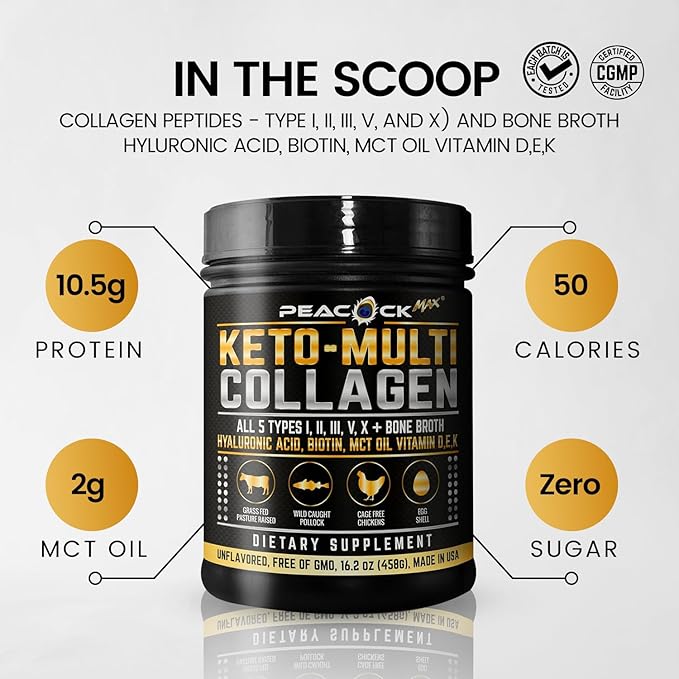 Keto Multi Collagen Peptides 16.2 oz, Pack of 2 - Bone Broth Protein Powder, 5 Types Hydrolyzed Collagen, MCT Oil, Unflavored Protein Powder for Joint, Skin, Hair & Gut Health
