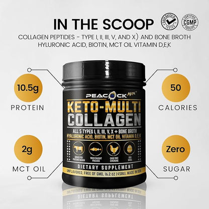 Keto Multi Collagen Peptides 16.2 oz, Pack of 2 - Bone Broth Protein Powder, 5 Types Hydrolyzed Collagen, MCT Oil, Unflavored Protein Powder for Joint, Skin, Hair & Gut Health