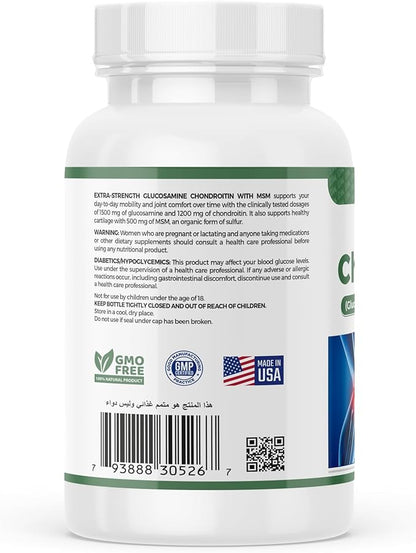 ChondroMax Glucosamine Chondroitin+ MSM for Hands Back Knee & Joint Health for Men & Women - Gluten-Free Non-GMO Supplement - Made in USA - 60 Tablets.