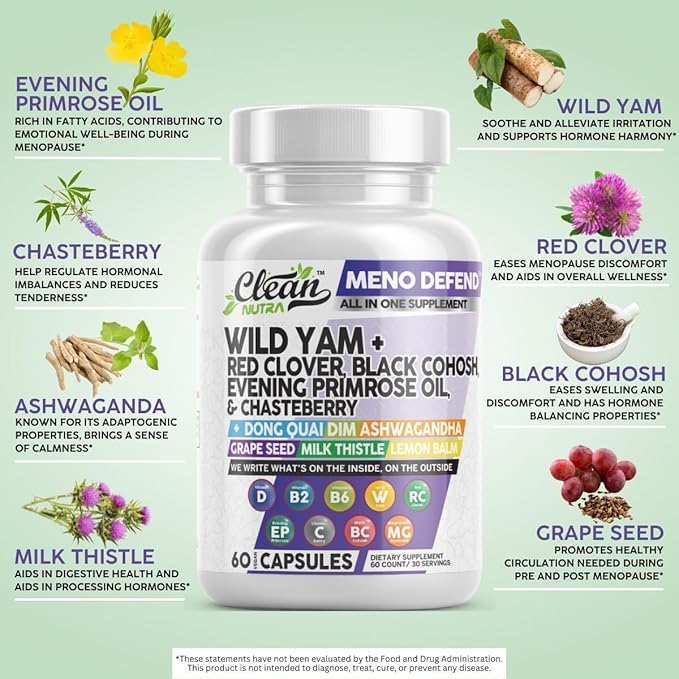 Clean Nutra Wild Yam Root Capsules with Red Clover Black Cohosh Evening Primrose Oil Chasteberry Dong Quai DIM Ashwagandha Grape Seed Extract Milk Thistle Lemon Balm and more Hormone Balance For Women