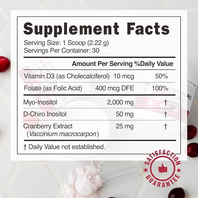 Inositol Supplement for Women | Myo-Inositol & D- Chiro Inositol Plus Folate and Vitamin D and Cranberry | Ideal 40:1 Ratio | Vitamin B8 - Powder - 30 Day Supply
