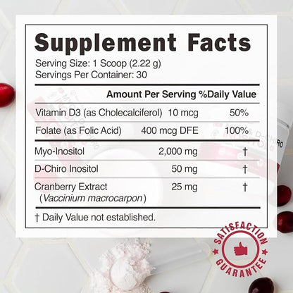 Inositol Supplement for Women | Myo-Inositol & D- Chiro Inositol Plus Folate and Vitamin D and Cranberry | Ideal 40:1 Ratio | Vitamin B8 - Powder - 30 Day Supply