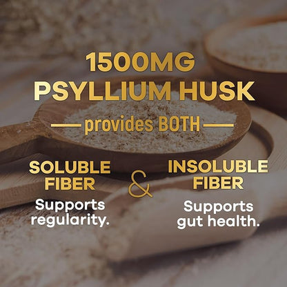 Psyllium Husk Fiber Supplement 1500mg, Natural Daily Soluble & Insoluble Fiber Pills, Psyllium Husk Powder Capsules Supports Digestion Colon Health & Regularity, Plant Based Supplement - 60 Capsules
