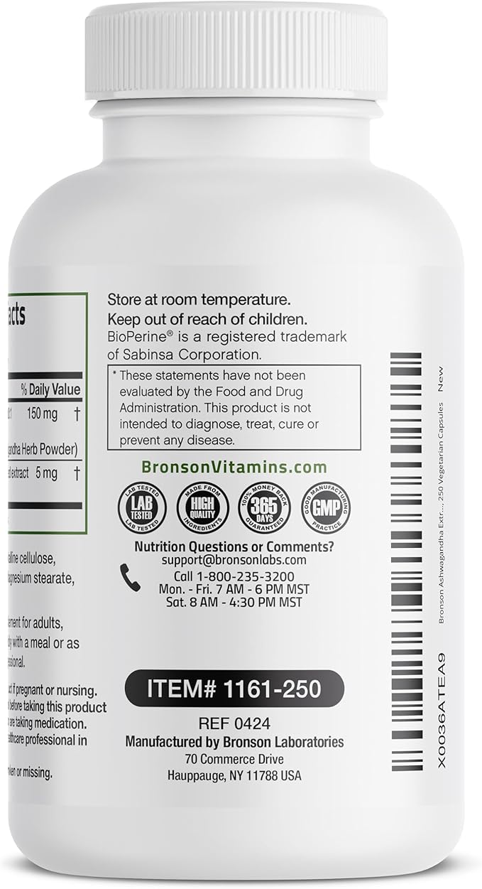 Bronson Ashwagandha Extra Strength Stress & Mood Support with BioPerine - Non GMO Formula, 250 Vegetarian Capsules