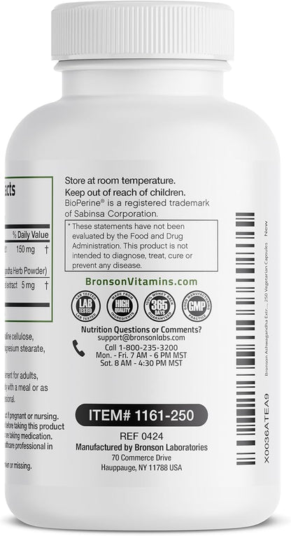 Bronson Ashwagandha Extra Strength Stress & Mood Support with BioPerine - Non GMO Formula, 250 Vegetarian Capsules