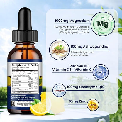 Triple Magnesium Complex Supplement, Magnesium Glycinate, threonate, Citrate Liquid Drops 1000mg with Ashwagandha, CoQ10, Vitamin B6, C, D, Zinc - Vegan Lemon Flavor
