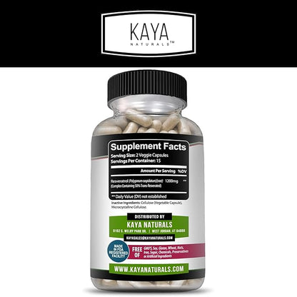 Kaya Naturals - Resveratrol Capsules - Anti Aging Supplement - Antioxidants with Brain Support - Maximum Benefits - 30 Veggies Capsules