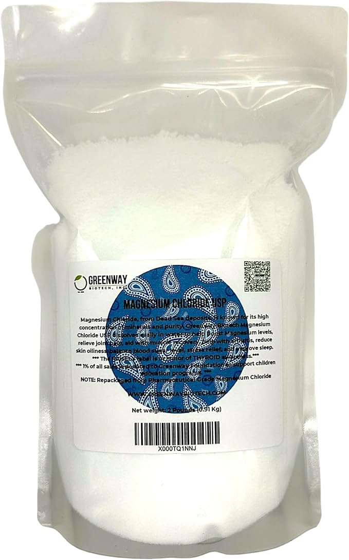 Greenway Biotech Organic Magnesium Chloride USP Supplement 100% Edible Cloruro de Magnesio Comestible Powder (Pharmaceutical Grade) | Pure Ph. EUR., BP, USP | 2 Pounds