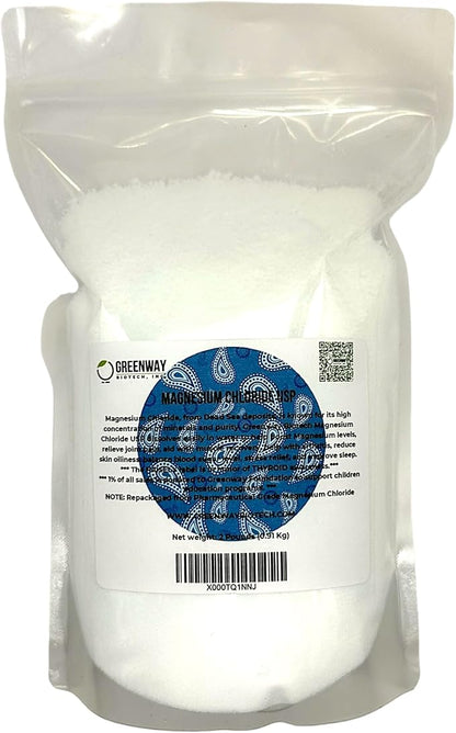 Greenway Biotech Organic Magnesium Chloride USP Supplement 100% Edible Cloruro de Magnesio Comestible Powder (Pharmaceutical Grade) | Pure Ph. EUR., BP, USP | 2 Pounds