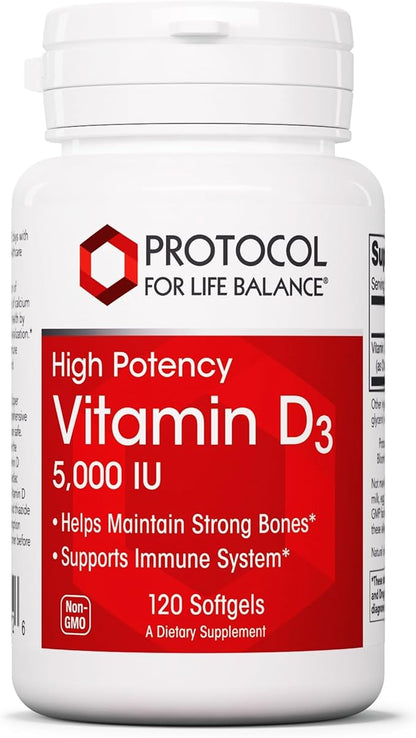 PROTOCOL FOR LIFE BALANCE - Vitamin D3 5000 IU (High Potency) Supports Calcium Absorption, Bone and Dental Health, Immune System Function, Nervous System, and Cognitive Function - 120 Softgels