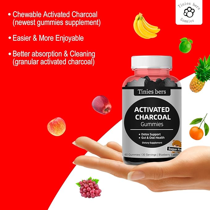 Activated Charcoal Gummies Sugar Free, 400mg Charcoal Supplements from Coconut, Quicker to Cleanse, Detox, Gas Relief, Gut & Oral Health for Adults & Kids, Gluten Free, Non GMO, Vegan, Pectin, 60