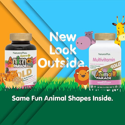 Natures Plus Animal Parade Gold Multivitamin Children’s Chewables - Watermelon Flavor - 120 Animal-Shaped Tablets, Pack of 2 - Vitamin D3, K2 & Probiotics - Vegan, Gluten Free - 120 Total Servings