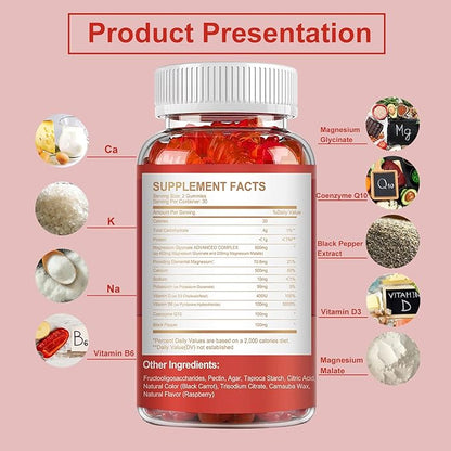 Magnesium Gummies 600mg per Serving-Magnesium Glycinate 400mg and Magnesium Malate 200mg,Sugar Free Magnesium Potassium Supplement for Calm Mood, Muscle, Bone & Sleep Support,60 Raspberry Gummies