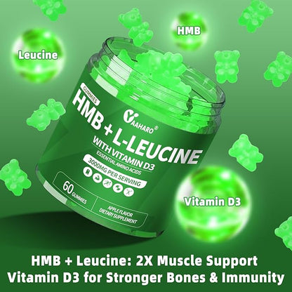 (2 Pack) HMB & L-Leucine Gummies 3000mg - with Vitamin D3 for Muscle Recovery, Energy, Endurance & Muscle Mass Increase - for Men & Women - Non-GMO, Vegan, Gluten-Free, Apple Flavor - 120 Gummies