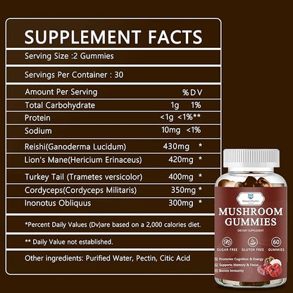 Organic Mushroom Gummies with Mane Mushroom, Reishi, Cordyceps, Lion's Mane Mushroom Gummies for Adults Brain Booster, Immune Support, Energy-60 Units